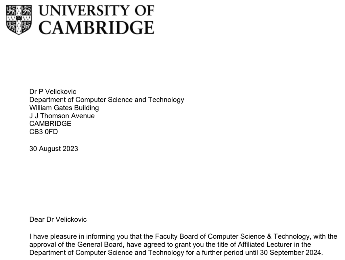 Annual celebratory post: I retain my Affiliated Lectureship @Cambridge_Uni for 23/24! 🎉

Our GNN course will be significantly revamped, focusing on a Geometric Deep Learning perspective 🌐 following my book w/ @mmbronstein @joanbruna @TacoCohen

Details:
cl.cam.ac.uk/teaching/2324/…