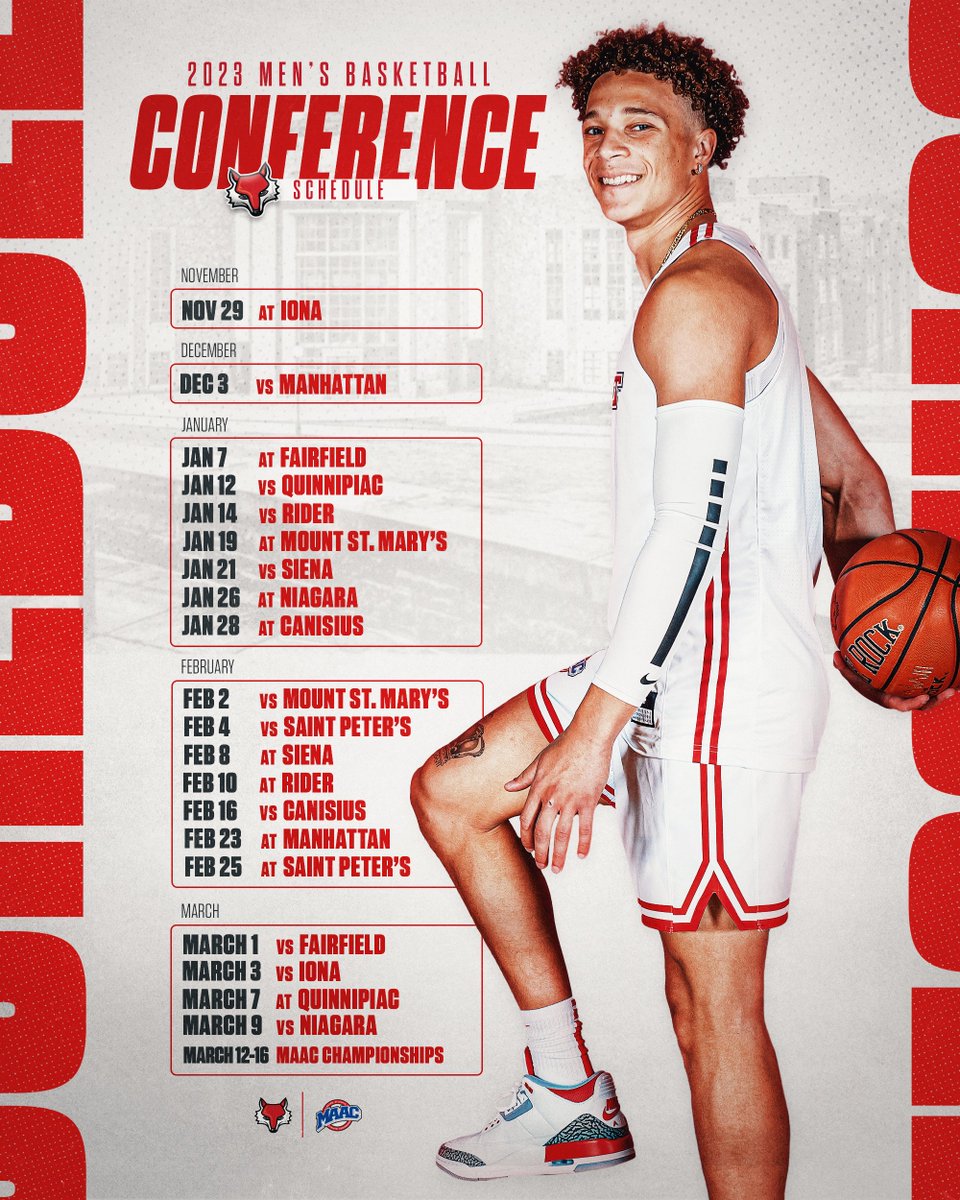 Our 20-game conference schedule is here!

🏀 Opener: Nov. 29 (at Iona)
🏀 First home game: Dec. 3 (Manhattan)
🏀 Regular-season finale: March 9 (Niagara)
🏀 MAAC Championships start: March 12
🏀 A champion is crowned: March 16