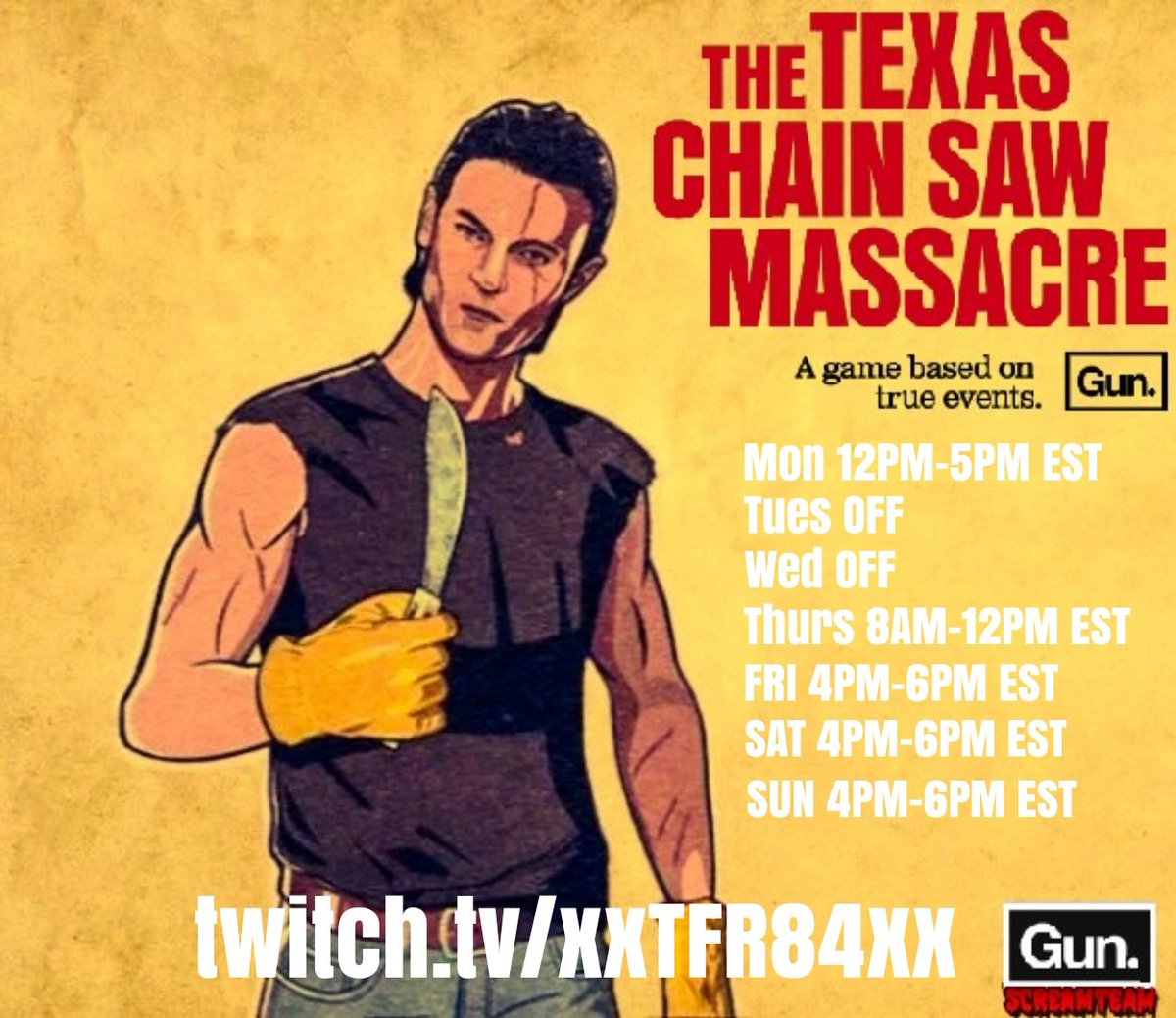 xxTFR84xx's tweet photo. Just a heads up , due to work , my schedule for streaming on Thursday and Saturday has be switched
Thursday 4PM-6PM EST
Saturday 8AM- ?? EST
Sorry about this guys !
@TXChainSawGame #GunScreamTeam https://t.co/md9qZoxydh
