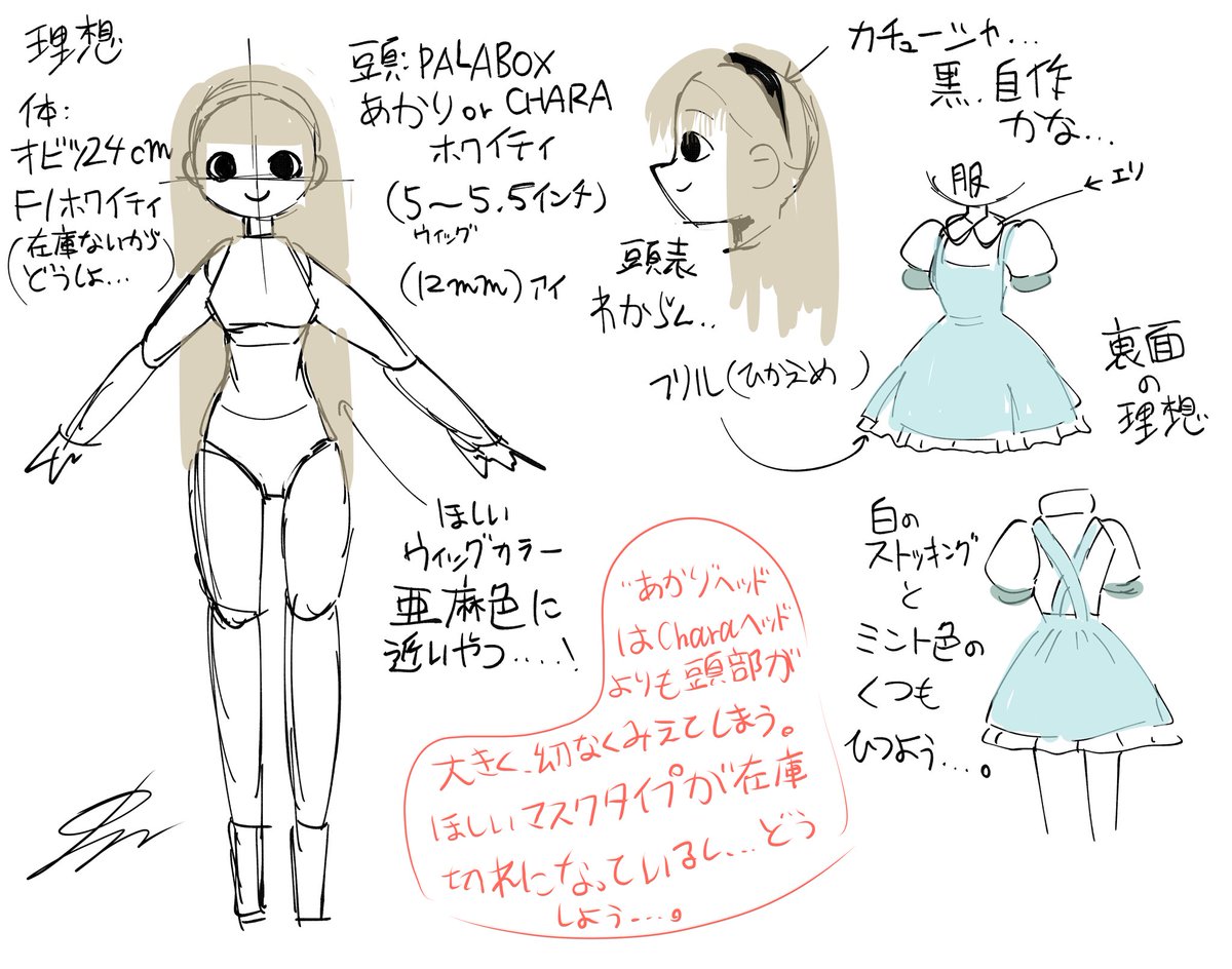 Before I forget, I'll make a note of my oc "Helen"'s custom doll plans.

Just choosing the right materials can be difficult if they are not the same size🧐 