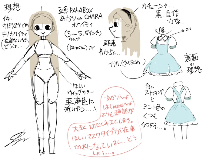 Before I forget, I'll make a note of my oc "Helen"'s custom doll plans.

Just choosing the right materials can be difficult if they are not the same size🧐 