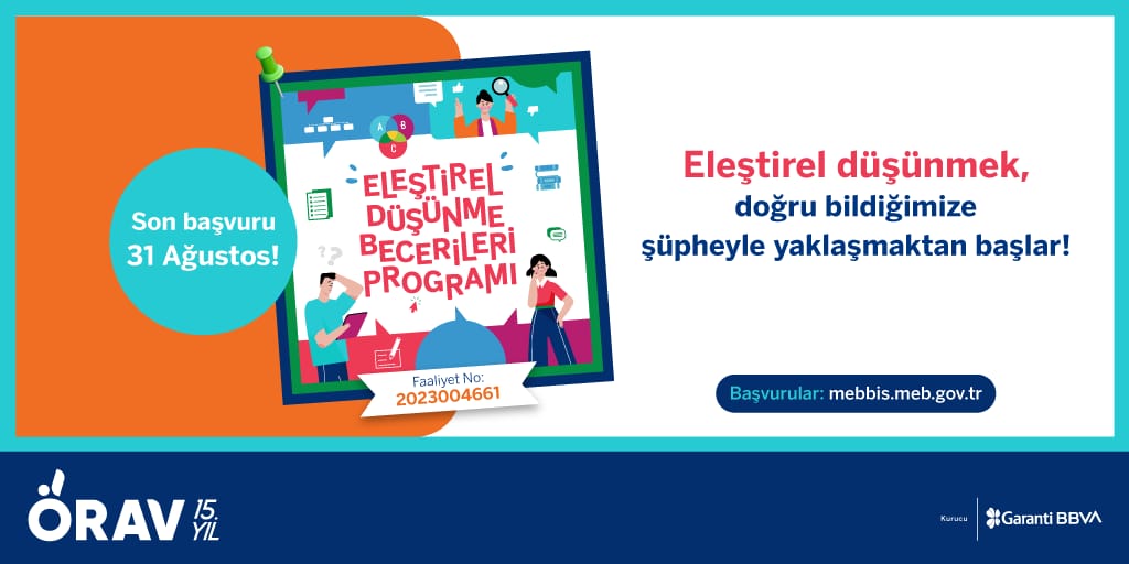 Eleştirel düşünmek, doğru
bildiğimize şüpheyle yaklaşmaktan başlar!

Günümüzde ve gelecekte en kritik beceriler listesinde üst sıralarda yer alan eleştirel düşünmenin ve eleştirel düşünme becerilerinin ne olduğuna dair çalışmalar için Eleştirel Düşünme Programı'na kayıt olun!