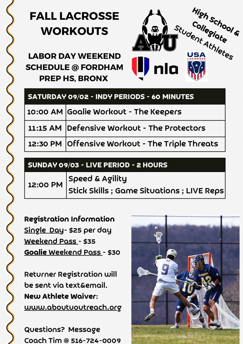Fall Lacrosse Workout Labor Day Weekend Schedule. ALL HS & Collegiate Players
Saturday: INDY Periods for skill&position specific skillwork. Can attend multiple in the day. 
Sunday: LIVE Period for game-feel reps.
New Athletes register here form.123formbuilder.com/6500989/crosse… #bethebestu