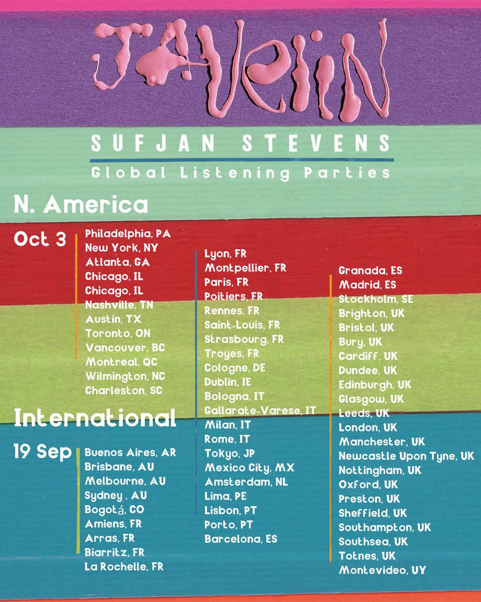 Join us for a special global listening event previewing the new Sufjan album 'Javelin' on Sep 19 & Oct 3. We’ll be giving away free posters & more [qtys limited per venue]. Find your store on this list and check with them for availability! javelin.sufjan.com