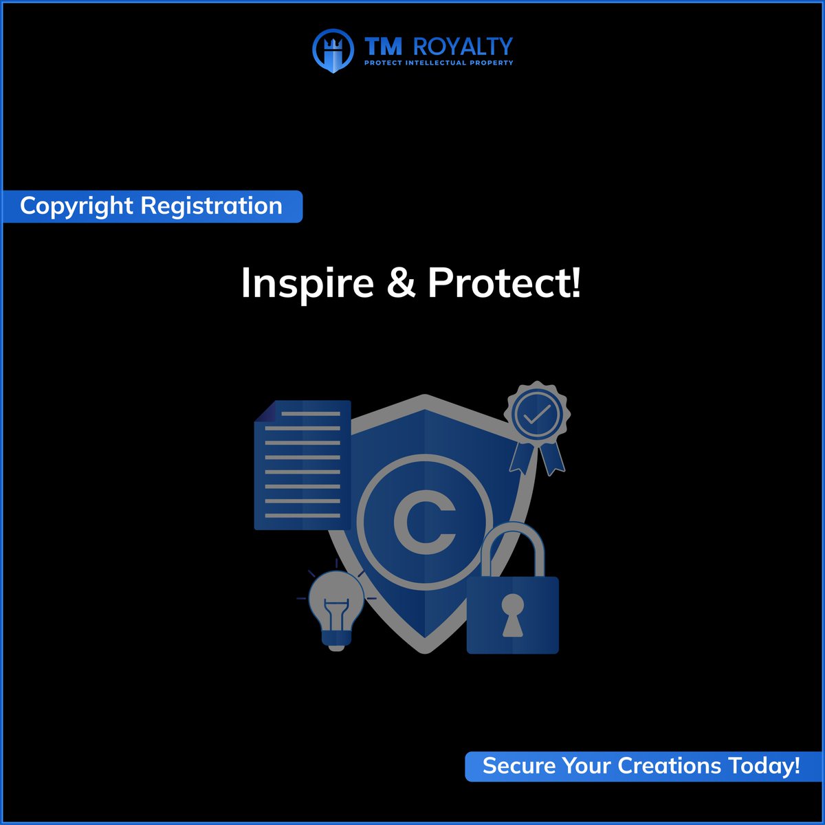 Copyright registration ensures your creations remain exclusively yours. Let us help you navigate the process so your brilliance remains untarnished. 

trademarkroyalty.com
+1 866-320-0973
support@trademarkroyalty.com

#TrademarkRoyalty #CopyrightRegistration #ProtectCreativity