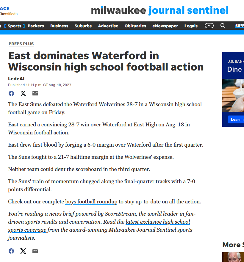 EricIsReporting's tweet photo. Journalists shouldn't be so harsh on our AI colleagues. Just this morning I was admiring the writing of @Lede_AI: "The Suns' train of momentum chugged along the final-quarter tracks with a 7-0 points differential." Great use of metaphor, and the reader knows exactly what happened https://t.co/gBz13tNXXz