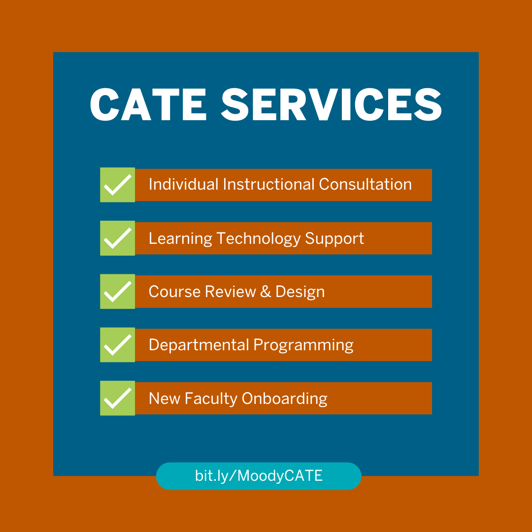 Follow @UTexasMoody as we shine a spotlight on outstanding teaching and encourage effective teaching practices. With 847+ consultations and 107 events and trainings to date – CATE is here to help! Learn more about our initiatives and services at bit.ly/MoodyCATE.