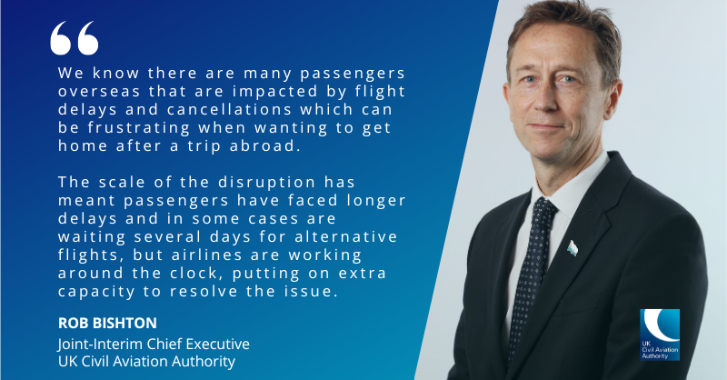 UK_CAA's tweet photo. Due to the ongoing #TravelDisruption passengers are facing, our Joint-Interim Chief Executive, Rob Bishton, has issued further advice for those affected.

Know your rights 👉 https://t.co/SpZerkWaCT
