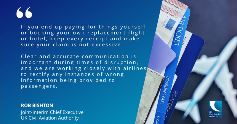 UK_CAA's tweet photo. Due to the ongoing #TravelDisruption passengers are facing, our Joint-Interim Chief Executive, Rob Bishton, has issued further advice for those affected.

Know your rights 👉 https://t.co/SpZerkWaCT