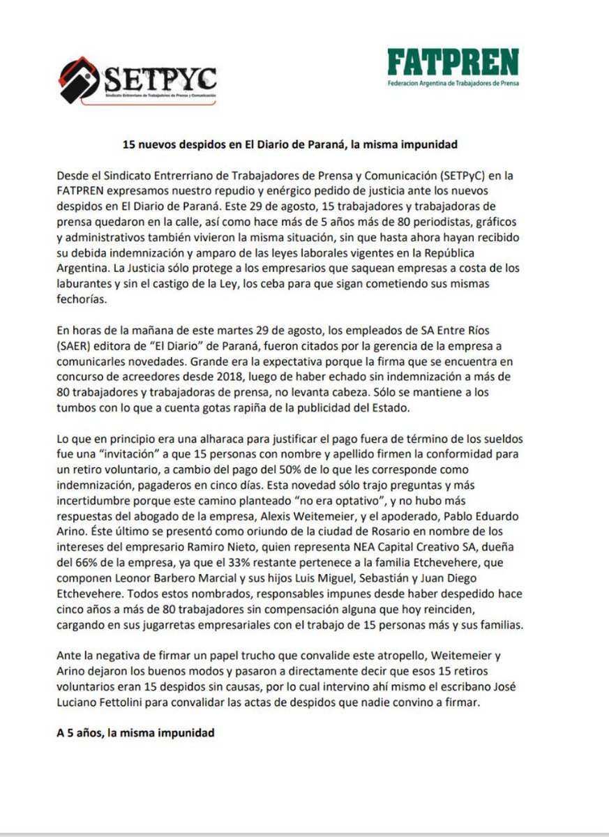 PrensaFATPREN's tweet photo. Desde FATPREN reproducimos comunicado del @setpyc por despidos en @elparanadiario, enviamos la solidaridad a los compañeros y reiteramos la necesidad de defender todos los puestos de trabajo. https://t.co/GY8o7WNuDM