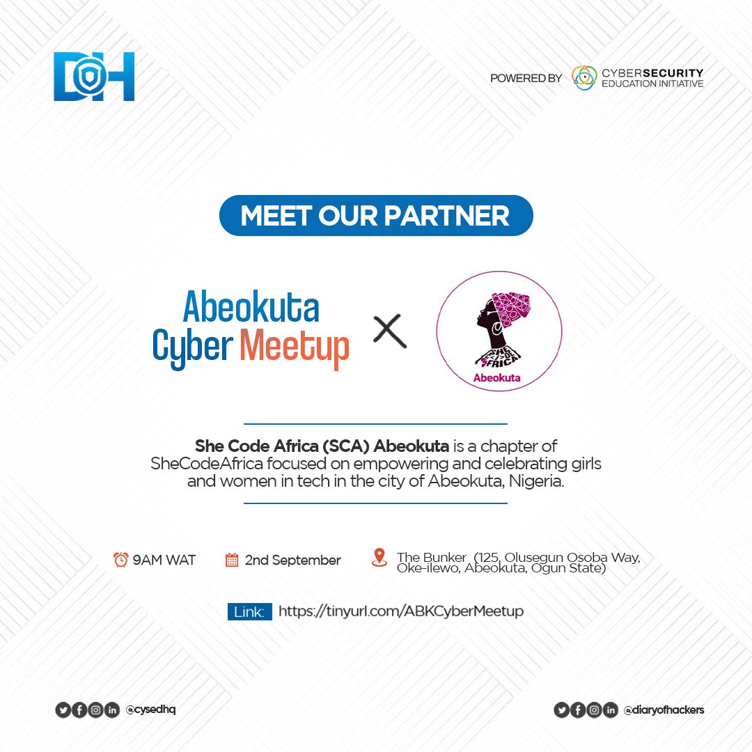 DoHAfrica's tweet photo. @SCAabeokuta is a chapter of @SheCodeAfrica in Abeokuta who have made it their mission to empower women and girls in tech, and they are partnering with #ABKCyberMeetup!
Still contemplating? Save your spot now! https://t.co/nEPqcKsiQW https://t.co/IvzGUuonE2