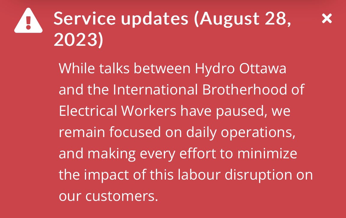 Colonelbryce's tweet photo. Hydro Ottawa strike is paused, for the HR manager/shot caller for the company to go on vacation. The skeleton crew running the field work would love to be on vacation, and the 395 employees on strike for TEN WEEKS would love to return to work. https://t.co/dFoDhttZJh