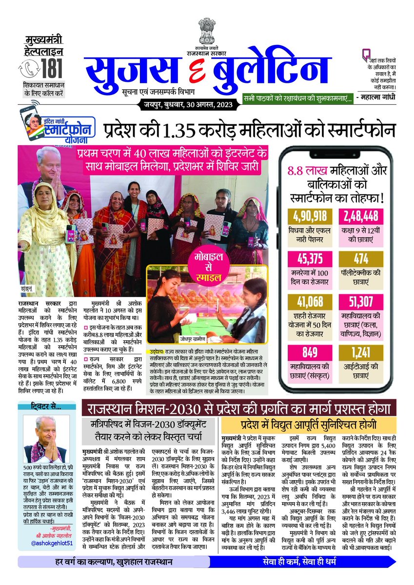 DIPRRajasthan's tweet photo. सुजस ई बुलेटिन
30 अगस्त, 2023
- इंदिरा गांधी स्मार्टफोन योजना: प्रदेश की 1.35 करोड़ महिलाओं को स्मार्टफोन

- राजस्थान मिशन- 2030 से प्रदेश की प्रगति का मार्ग प्रशस्त होगा

- मंत्रिमंडल का अहम निर्णय: पार्ट टाइम कार्मिकों को राहत, अब सेवानिवृत्ति परिलाभ मिलेंगे

- पर्यटन इकाइयों के कार्य में सुगमता के लिए प्रावधान

#sujasbulletin 
#DIPRRajasthan 
#RajasthanNews 
#rajasthan 
#RajasthanMission2030 
#ModelStateRajasthan  
#मॉडल_स्टेट_राजस्थान 
#JanSammanJaiRajasthan   
#जीतेगा_राजस्थान #हिट_राजस्थान_फिट_राजस्थान 
 #राजीवगांधी_ग्रामीण_शहरी_ओलंपिकखेल_राजस्थान  
#खेलेगा_राजस्थान_जीतेगा_राजस्थान 

@ashokgehlot51
@AshokChandnaINC
@RajCMO
@RajGovOfficial