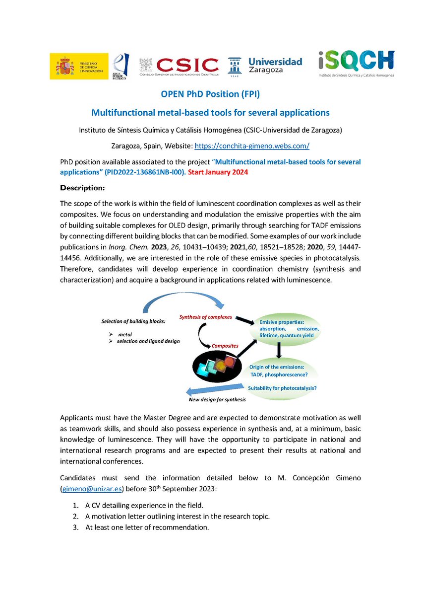GimenoGroup's tweet photo. An open 4-year PhD position is available at ISQCH (CSIC-UNIZAR) in our group to develop 'Multifunctional metal-based tools for several applications.' Deadline: September 30. Start date: January 2024. See the offer below! @ISQCH  @geqo_rseq https://t.co/x7kgednt16