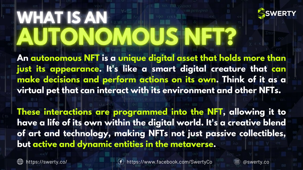 SwertyCo's tweet photo. Empowering #NFTs to be More Than Art!🚀

Discover🔎the future of Autonomous NFTs – they're like smart, self-operating tokens that can execute actions on their own.🤖Imagine NFTs with a mind of their own!

Follow @SwertyCo for more latest Web3-related news, contents, and insights. https://t.co/kK73K5ooJS