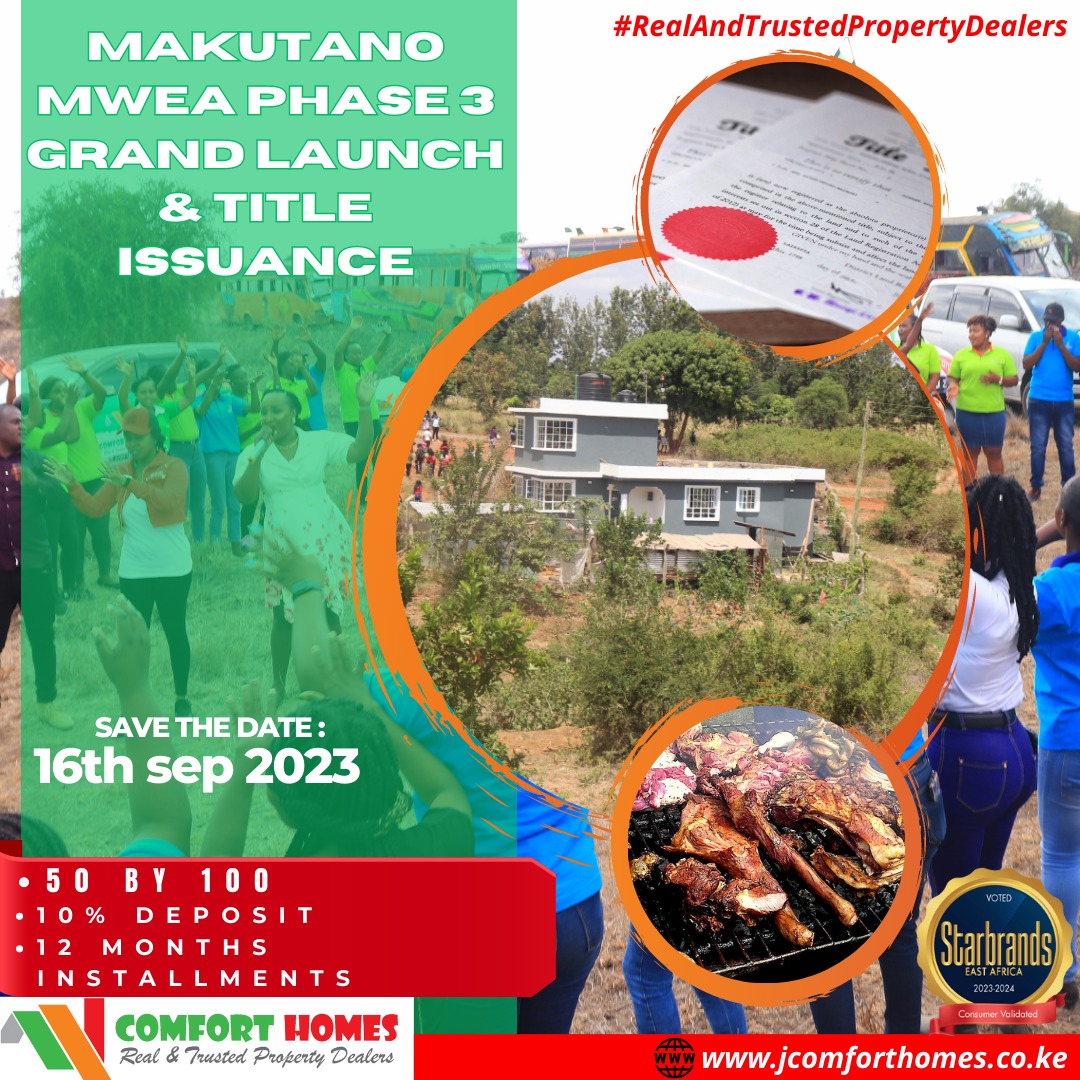 LydiahAsh's tweet photo. 16th September 2023, all roads lead to Mwea Makutano for the grand launch of Phase 3 and Title Deeds Issuance Ceremony. Don't be left behind,. Njoo twende mwea. Book a seat now.
#ComfortHomesDelivers
#ShambaForAll
#MakutanoMweaPhase3Launch
#TitleNaComforthomes
Call 0726 702530 https://t.co/T29QLQ70QH
