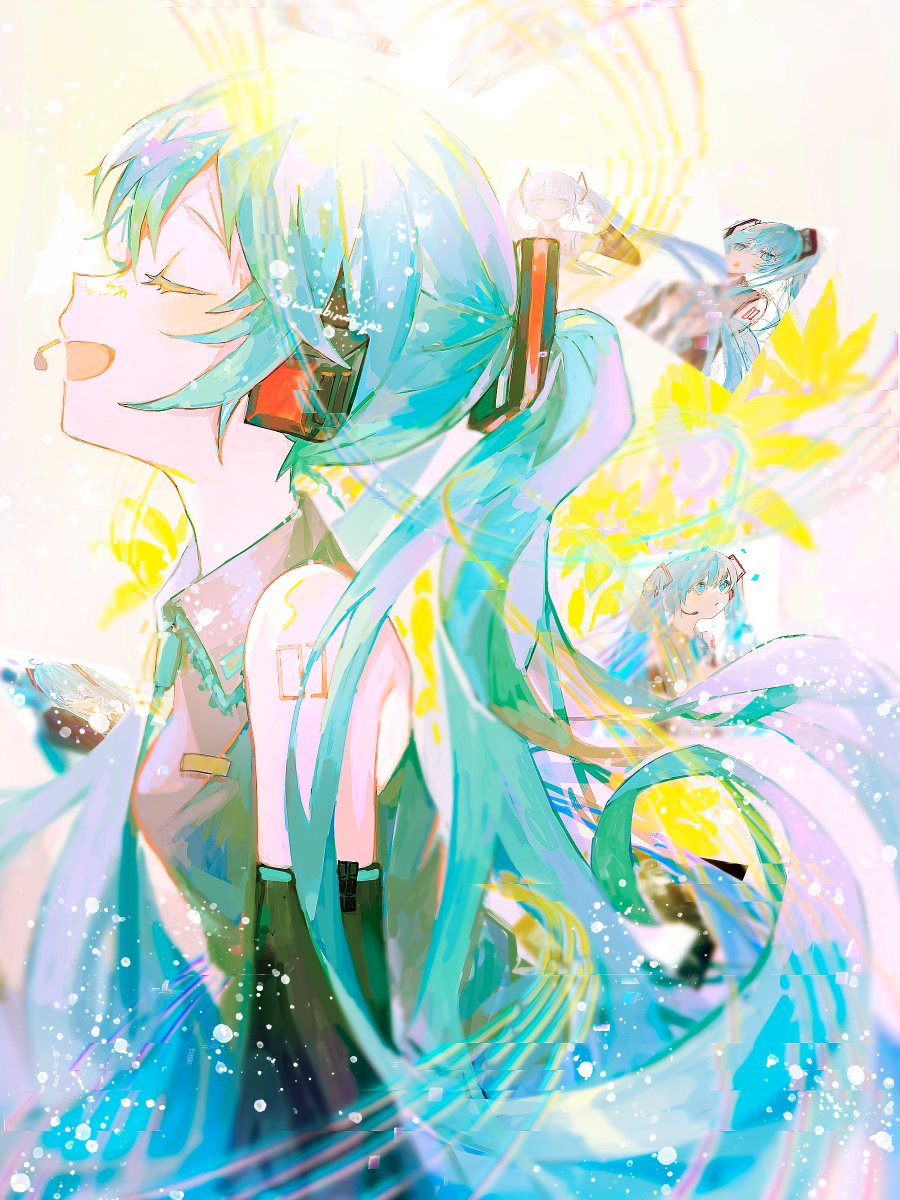 hatsune miku long hair twintails detached sleeves shirt closed eyes open mouth necktie  illustration images