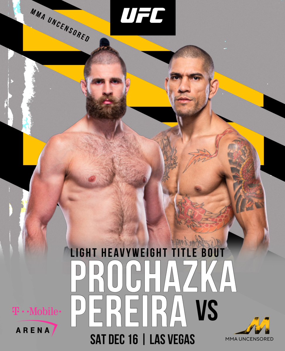 MMAUNCENSORED1's tweet photo. Alex Pereira vs. Jiri Prochazka light heavyweight title bout targeted for UFC 296 on December 16th in Las Vegas per Dana White. 

Who wins? 

#UFC296 #UFC #JiriProchazka #AlexPereira #MMATwitter https://t.co/LCSwnJ2LTw