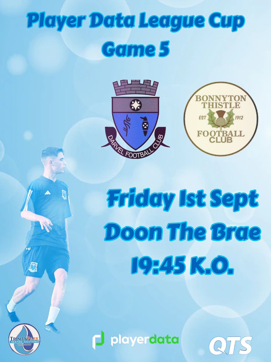DarvelU20s's tweet photo. Details for Friday
🏆 @PlayerData League Cup
🏟️ Doon The Brae
⏰ 19:45 Kick Off
💵 £2 donation for over 16’s under 16’s free
#Pathway #Development #TwoClubsOneValley https://t.co/eT8TSEOSX0