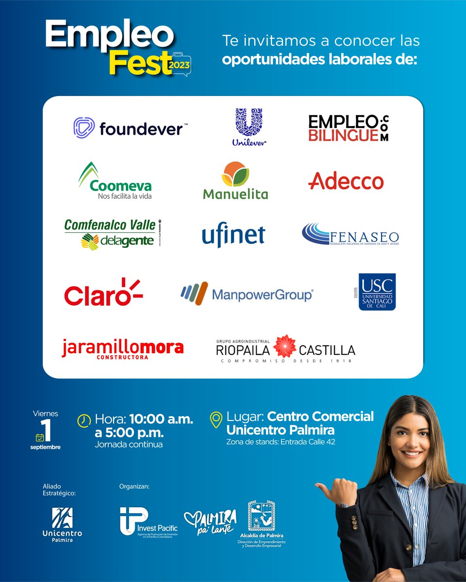 Conoce las empresas y sus vacantes que este 1 de septiembre estarán participando en el #EmpleoFest en <a href="/UnicentroPal/">Unicentro Palmira</a>. Conéctate con el #TejidoEmpresarial en esta jornada de empleabilidad sin ningún costo y abierta a todos los palmiranos ➡ drive.google.com/file/d/1Zp5ib4…
