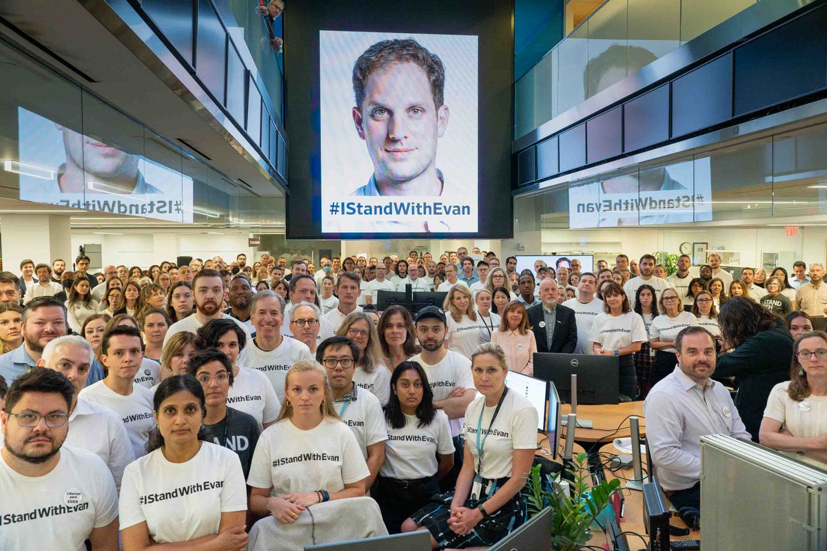 It was incredibly moving to see Evan's parents, Ella and Mikhail in our New York newsroom today as we mark 22 weeks of his outrageous detention. We are standing with them every day and will not rest until our brave colleague and friend is home. #IStandWithEvan <a href="/WSJ/">The Wall Street Journal</a>