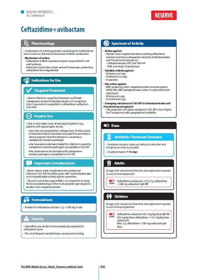 The WHO AWaRe (Access, Watch, Reserve) antibiotic book es un recurso de referencia para el uso adecuado de antimicrobianos (elección, dosis, vía, duración...)

📘Libro <a href="/WHO/">World Health Organization (WHO)</a> who.int/publications/i…
📱App Firstline firstline.org/who/
🎨Infografías who.int/publications/i…