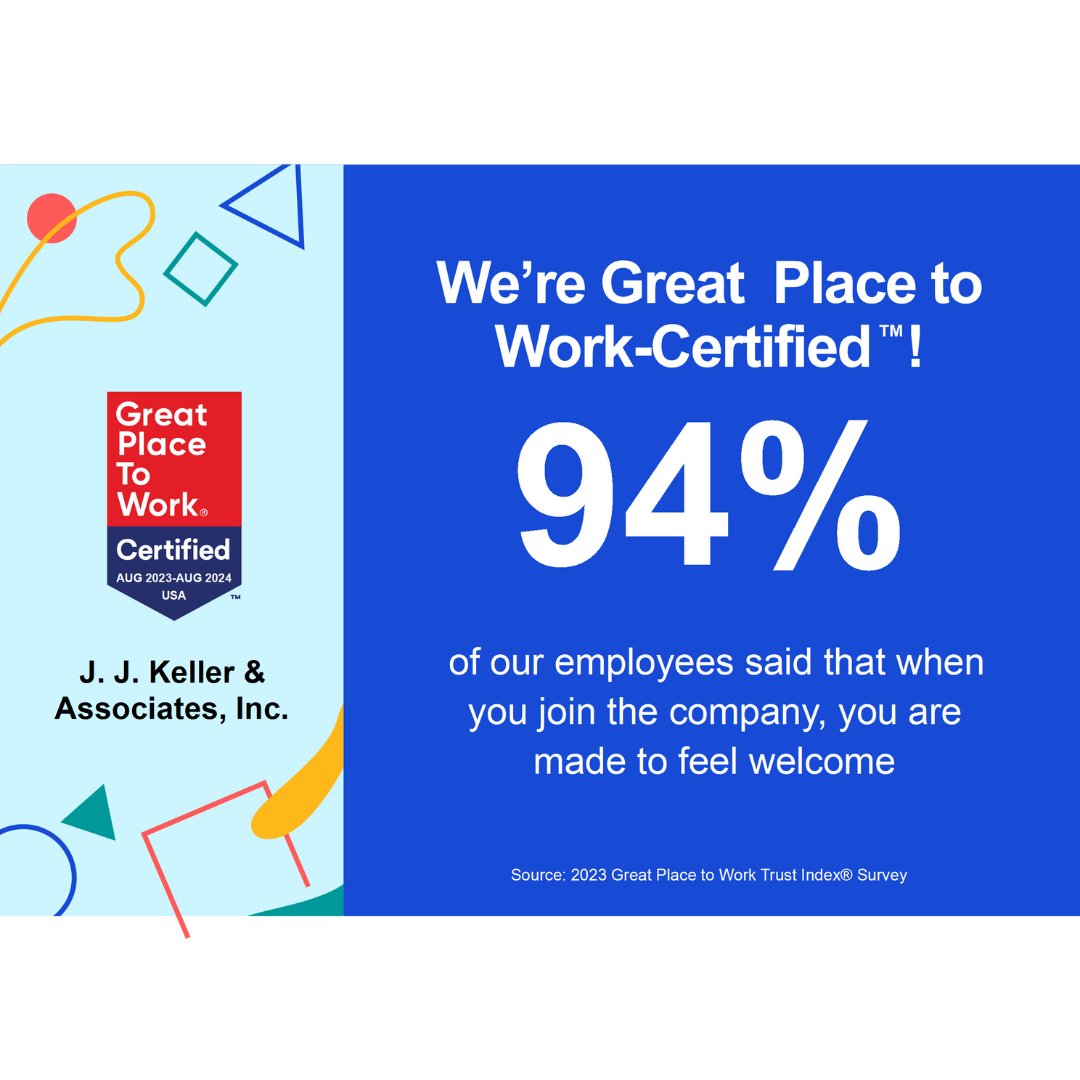 JJKellerJobs's tweet photo. We’re proud to be Certified™ by @GPTW_US for the 7th time! Check out what our associates say makes working at J. J. Keller so great: https://t.co/8g97qecOJ7
#GPTWcertified #JJKellerDifference
https://t.co/SCycQushE1 https://t.co/aAehdRQWY1