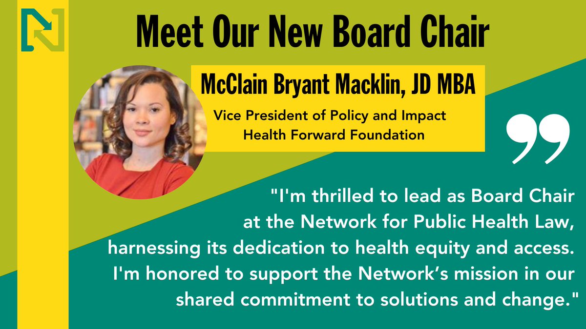 So exciting- <a href="/McClainB_KC/">M. Bryant Macklin</a> is <a href="/networkforphl/">Network for Public Health Law</a>'s new Board Chair

McClain’s proven leadership is invaluable in the Network's growth &amp; journey. I look forward to working with her to advance #PublicHealth &amp; #HealthEquity linkedin.com/posts/vineetag…
