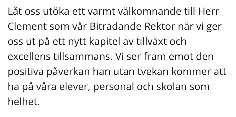 Pirkt's tweet photo. Något marknadsskolans skeptiker ofta förbiser är all språklig innovationskraft som alstras inom vårt unika system. Se bara här hur svenskspråkigt kreativa IES Sigtuna är då de välkomnar en ny biträdande rektor. https://t.co/CyK3Fv1tzG