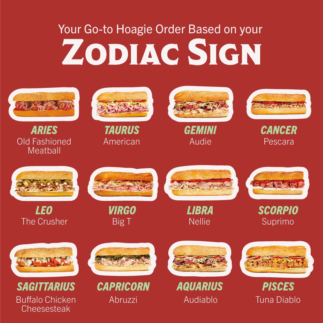 PrimoHoagies's tweet photo. What Hoagie To Order Based On Your Zodiac Sign!
We have some hoagie recommendations for you based on your zodiac sign! Let us know if you agree with your zodiac's choice.
#zodiacsign #hoagierecommenations #makeitprimo #primohoagies https://t.co/8q0WxHQVEN