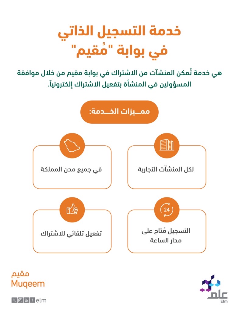 elm's tweet photo. تعرَّف على خدمة "التسجيل الذاتي" في بوابة #مقيم والتي تسهل عملية تسجيل المنشآت وتفعيلها إلكترونيًا.

https://t.co/A142KTgcet https://t.co/FFWI0LpdCy
