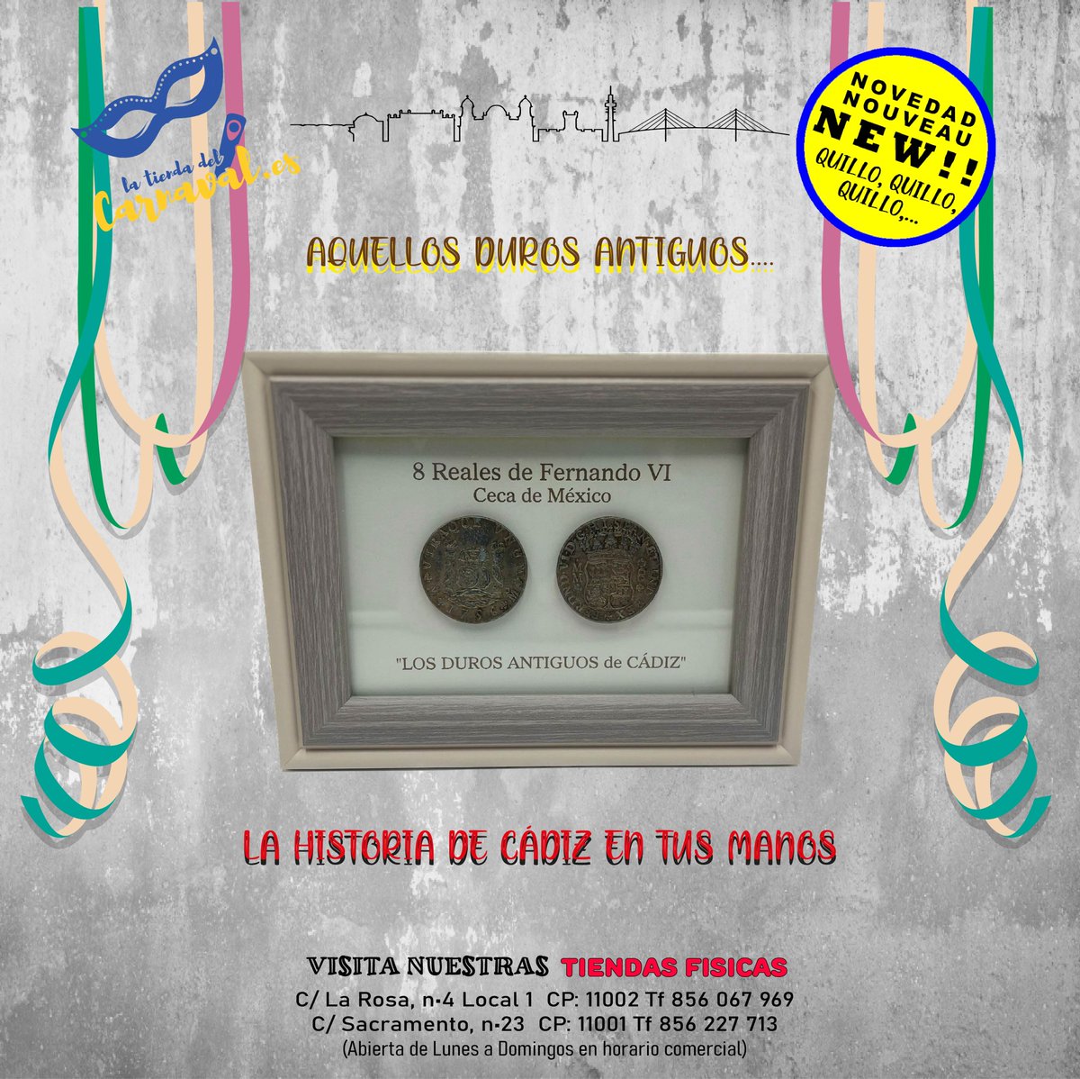 Descubre la historia en tus manos con estas réplicas exactas de los antiguos duros encontrados en Cádiz. Revive la riqueza y el pasado de la ciudad a través de estas monedas. 💰🏛️latiendadelcarnaval.es/producto/duros… Quieres los tuyos??? #HistoriaDeCádiz #Numismática