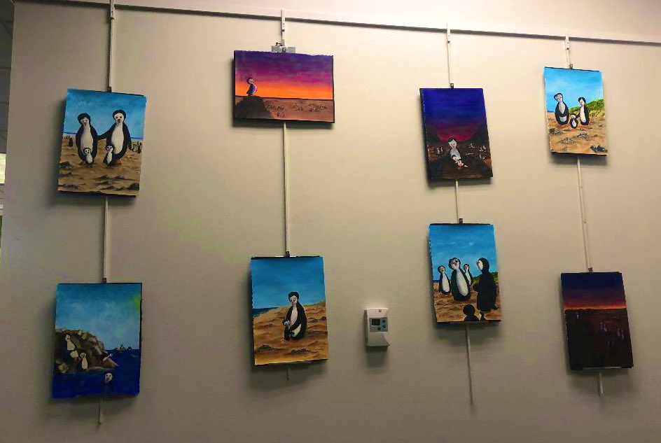 ArunaMLepore's tweet photo. Thank you Kensington Park Library for exhibiting my paintings! Originals from my book and others 💕
#WritingCommmunity 
#PeanutThePenguinBook https://t.co/e5NmUGDi2j