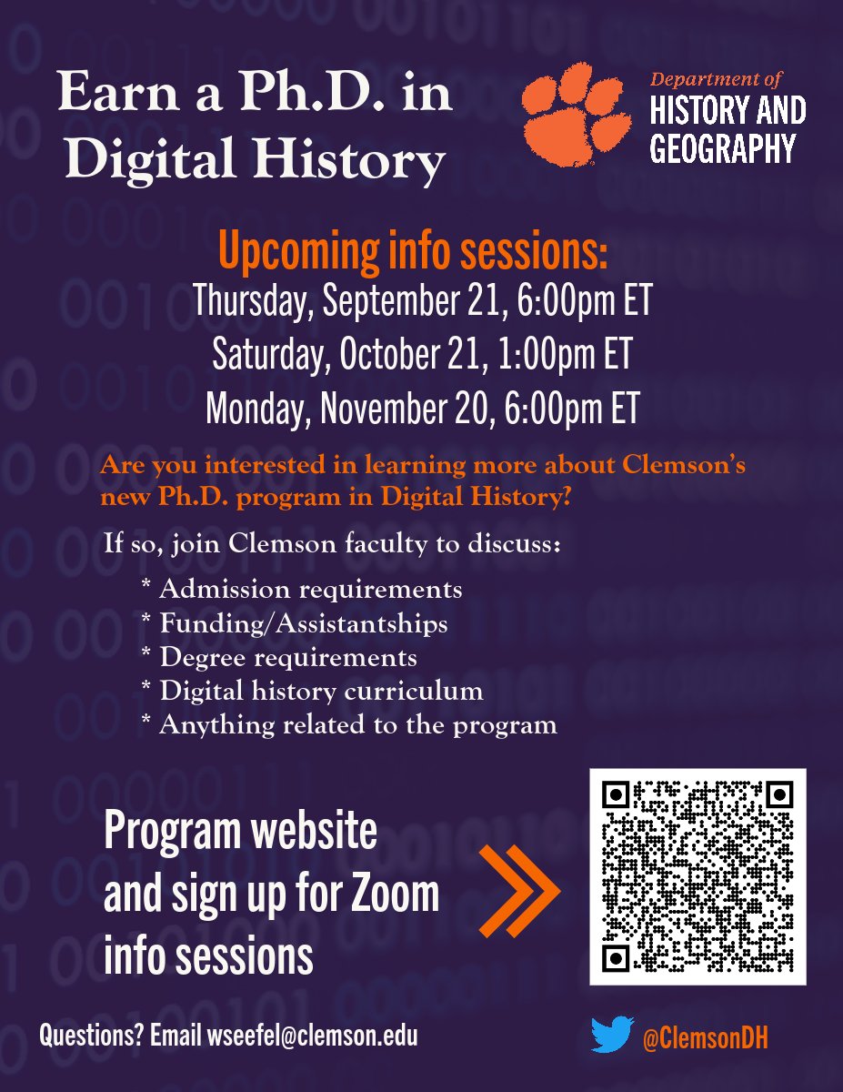 Thinking about grad school? We'll be holding 3 information sessions this fall. The next is Thursday, September 21st at 6pm EST. Come chat with@ClemsonHistory faculty about our innovative new program. #twitterstorians #dh #dighist #digitalhistory