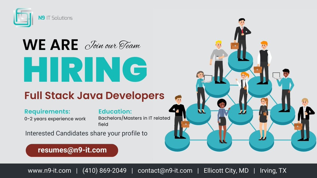 We are Hiring for the position of Full Stack Java Developers in our USA location. Just mail your resume to resumes@n9-it.com Contact us for more details - +1 410-869-2049 Website - n9-it.com .#javadeveloper #javascriptdeveloper #javajobs #n9itsolutions #Python
