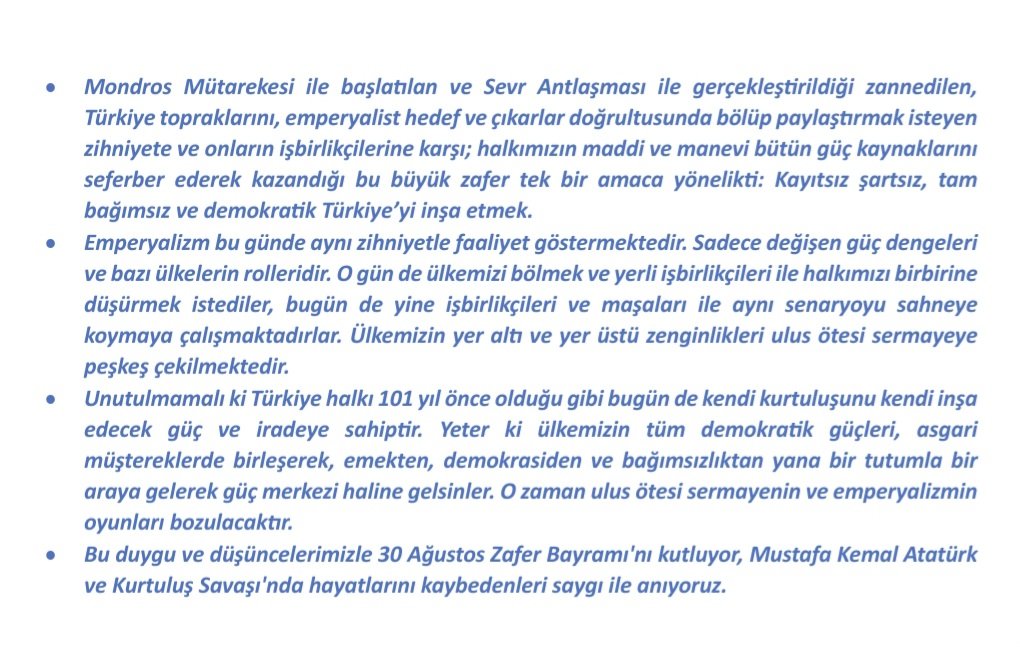 TukoderGM's tweet image. Unutulmamalı ki Türkiye halkı 101 yıl önce olduğu gibi bugün de kendi kurtuluşunu kendi inşa edecek güç ve iradeye sahiptir. Yeter ki ülkemizin tüm demokratik güçleri emekten, demokrasiden ve bağımsızlıktan yana bir araya gelsinler. Bu duygularla Zafer Bayramı&apos;nı kutluyoruz.