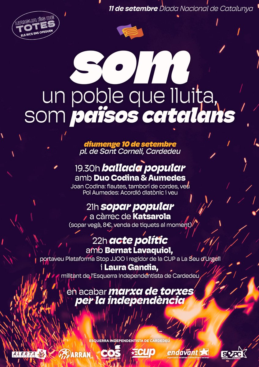 #11S | Som un poble que lluita, som Països Catalans! 🔥

Organitzem-nos per fer front a l'onada reaccionària, sortim al carrer en defensa de la llengua, del territori, de les classes populars! ✊

📅Ens trobem el 10S a Sant Corneli amb l'Esquerra Independentista de Cardedeu.