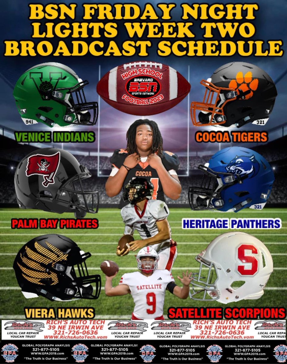 SportsBrevard's tweet photo. BSN FRIDAY NIGHT LIGHTS BROADCAST SCHEDULE WEEK TWO: 

GAME OF THE WEEK: 

No.17 @VeniceIndianFB at No.8 @CocoaFootball 

GAME NO.2 
@pbhs_football at @swarmgangg 

GAME NO.3 

@VieraHawks at @ScorpFootball 

Read previews here: https://t.co/NbPlDJ09pL https://t.co/MxPip08kom