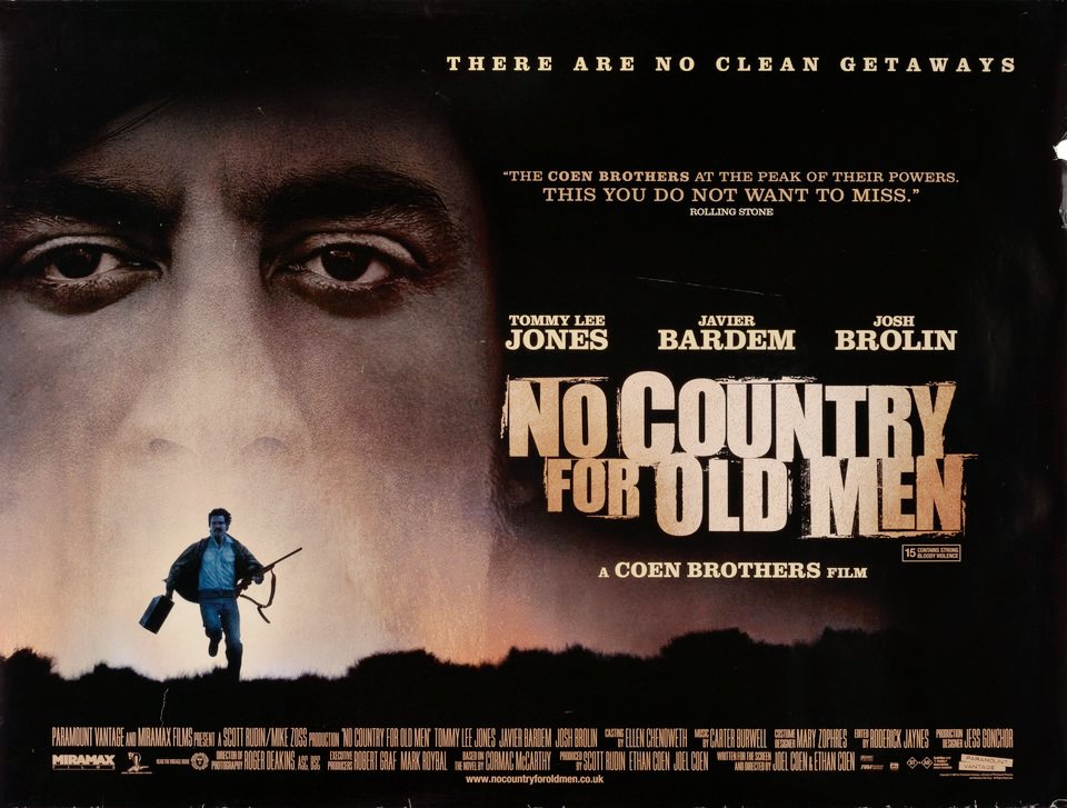 TheFilmFair's tweet photo. UK cinema poster for #NoCountryForOldMen (2007 - Dir. #JoelCohen #EthanCohen) #TommyLeeJones #JavierBardem #JoshBrolin https://t.co/H2kzj6hwTs