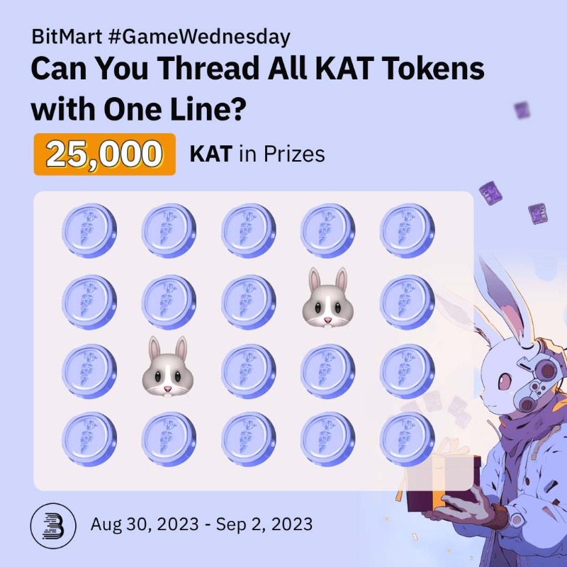 BitMartExchange's tweet photo. Connect all KAT tokens in a single line, ensuring the rabbit doesn't join, to share the 25,000 $KAT prize!🐰🥕

1⃣️Follow @BitMartExchange @KaratDAO
2⃣Quote RT with your answer &amp; tag 3 friends
3⃣Complete: https://t.co/yIPJL0KqXd

#BitMart #KaratDao #Giveaway #Airdrop