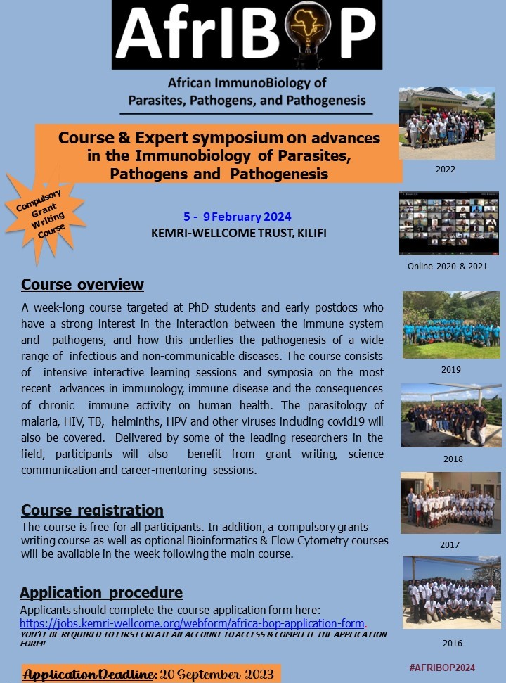 Are you interested in the #Immunobiology of #Parasites, #Pathogens &amp; #Pathogenesis? Then apply for #AFRIBOP2024 training in 🇰🇪.

✅Free participation 
✅➕skills: #Grantswriting, #Bioinformatics, #Flowcytometry
✅📝deadline: 20 Sept 2023

To apply➡️ jobs.kemri-wellcome.org/webform/africa…