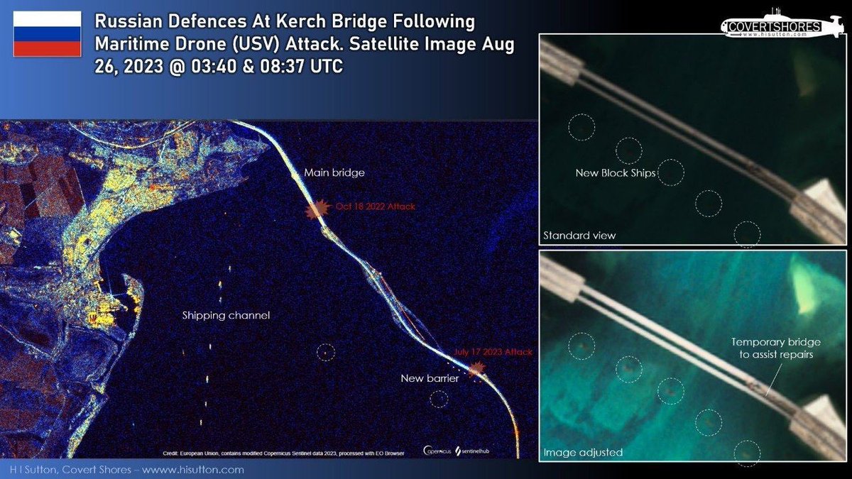 Detailed images of barges installed by the occupiers near the Crimean bridge Earlier, it was reported that flooded barges had appeared near the Crimean bridge. Probably, this is how the Russians are trying to prevent surface drones from attacking the Crimean bridge.