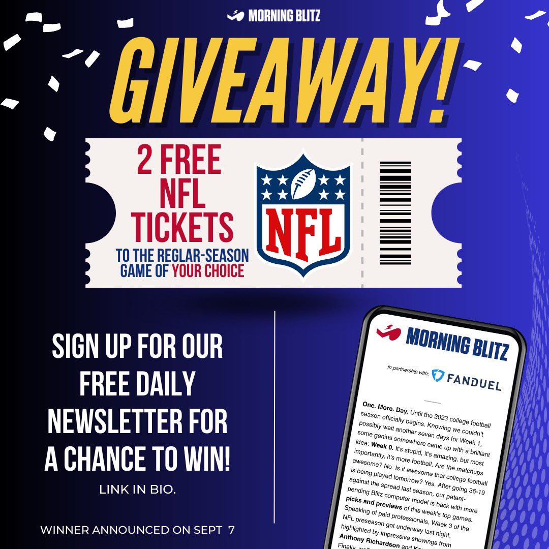🏈 That’s right. 2 NFL tickets to ANY GAME YOU WANT for subscribing to our sports newsletter!

Sign up here &amp; be entered 👉 torchpro.com/morning-blitz/…