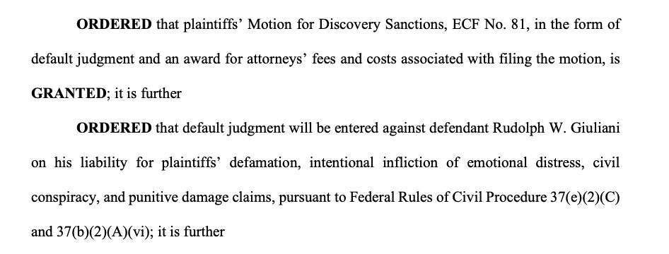 kyledcheney's tweet image. NEWS: Judge grants default judgment to Ruby FREEMAN and Shaye MOSS in defamation lawsuit against Rudy Giuliani and grants punitive sanctions as well. Details TK

storage.courtlistener.com/recap/gov.usco…