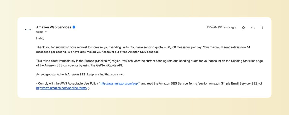 arafatstartup's tweet photo. After a long time, finally approved 50,000 emails per day limit in AWS Simple Email Service.
#indiehackers #buildinpublic https://t.co/0DQEjWZMT9