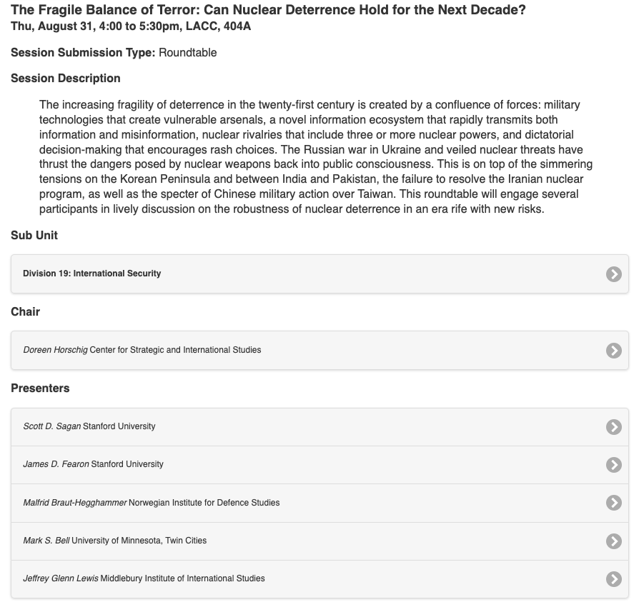 If you're attending #APSA2023, stop by our roundtable on nuclear deterrence in the 21st century on Thurs Aug 31, 4-5:30pm (LACC, 404A) w/ Scott Sagan, James Fearon, @Malfrid_BH, @ArmsControlWonk, and Mark Bell.