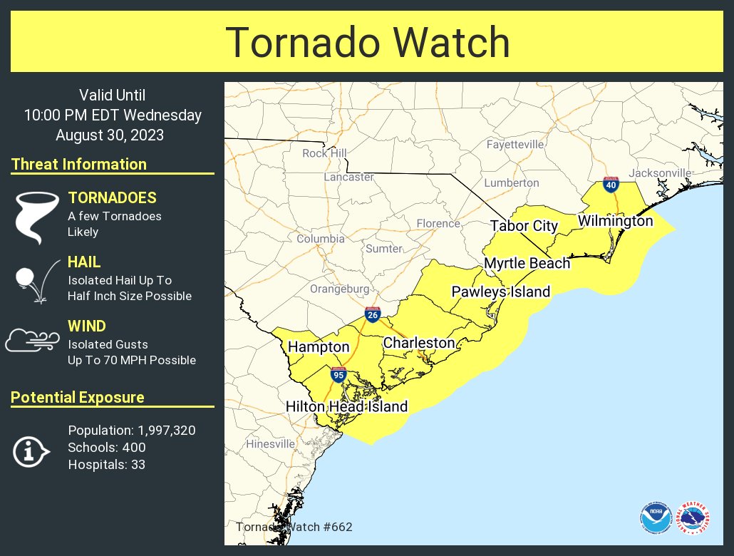 A tornado watch has been issued for parts of North Carolina and South Carolina until 10 PM EDT