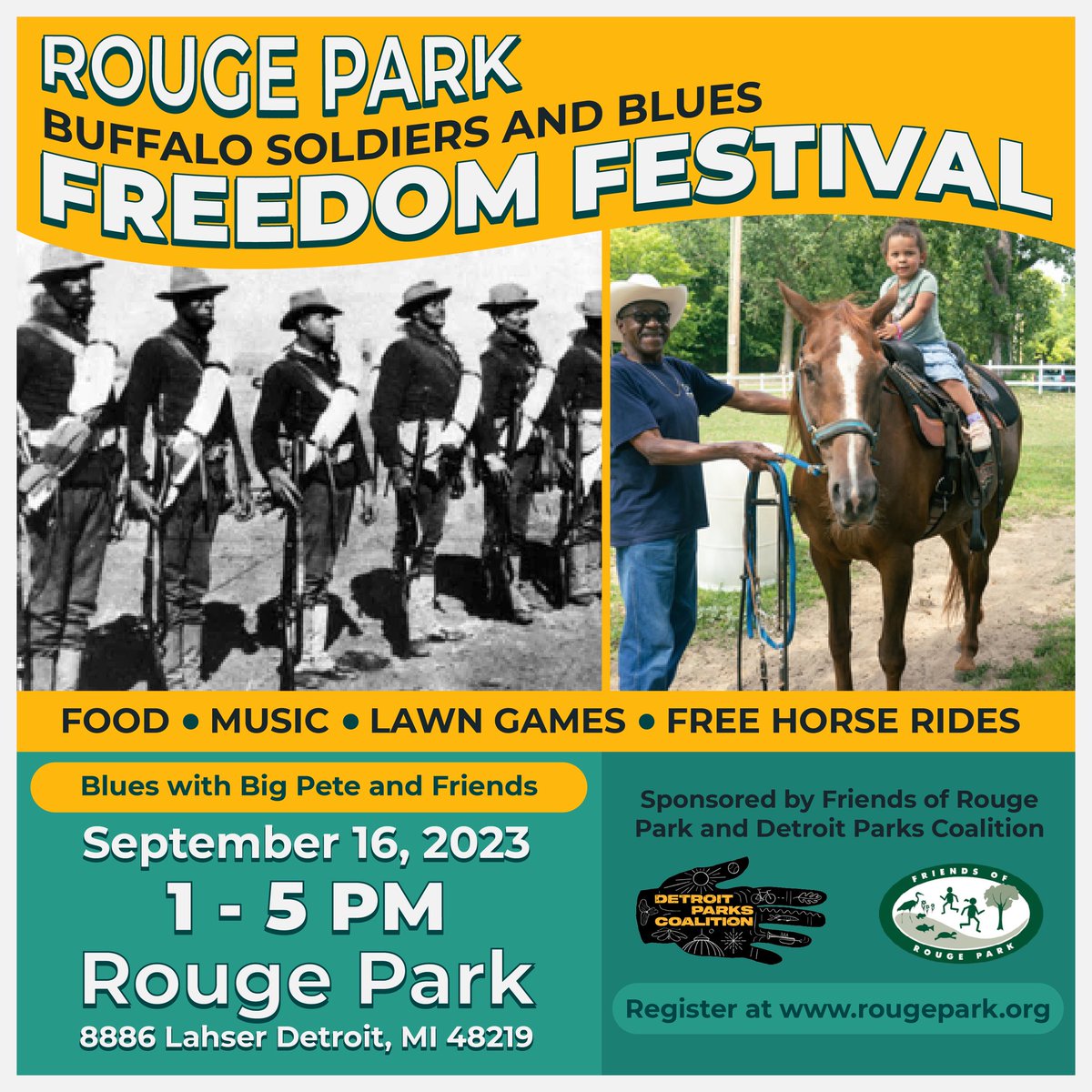 Don't miss the 2nd annual Rouge Park
Freedom Festival celebrating #BuffaloSoldiers at Rouge Park. Part of Detroit Parks Coalition's #FreedomArtsFestival that connects Detroiters to neighborhood parks. Food, games, fun!
Register at rougepark.org.ci