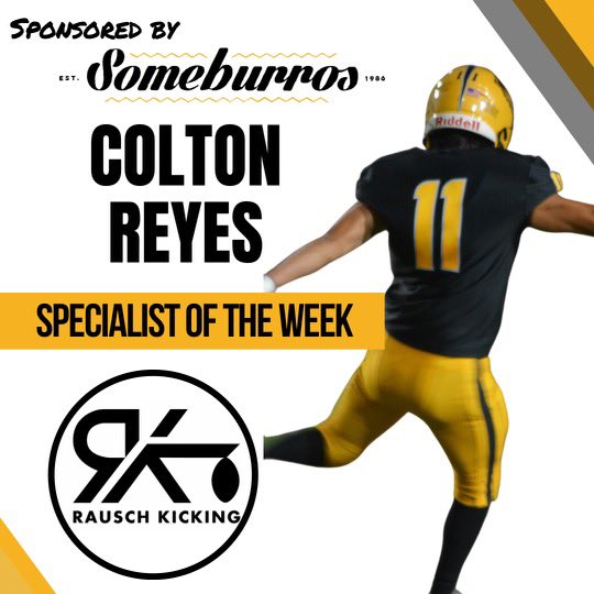 🚨Specialist of the week 🚨
~Congratulations to <a href="/Coltonreyes11/">Colton reyes</a> from Gilbert Hs! 

Week 1 (8/25): 
•2/2 Fgs (30 &amp; 43) 
•3/3 PAT 
•43.2 Punt Avg (2 inside 20) 
•3 TB’s (70 Long) 

*Other standouts…Mason Lindberg, Cannon Skidmore (LS), Cyrus Aguinaga &amp; Dylan Cunanan‼️