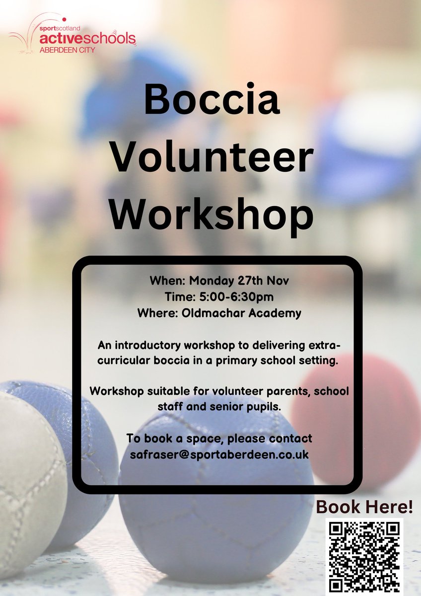 Active Schools are running some Volunteer Workshops between now and December 2023. 

Information &amp; QR sign-up codes on the posters.
🏐Netball Volunteer Workshop -13th Sept
🎾Miss Hits Volunteer Workshop -3rd Oct
🏐Netball Umpiring Workshop -15th Nov
🔴🔵Boccia Workshop -27th Nov